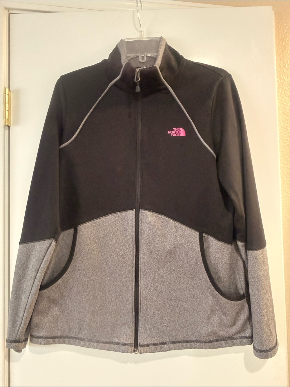 The North Face Black and Gray Teddy Jacket with Pink Logo
